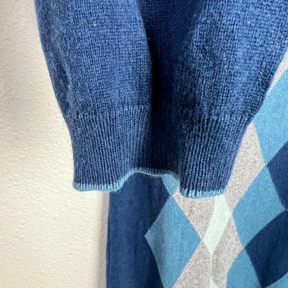 Banana Republic Mens Blue Argyle Silk Cashmere V-Neck Sweater Elbow Patches M